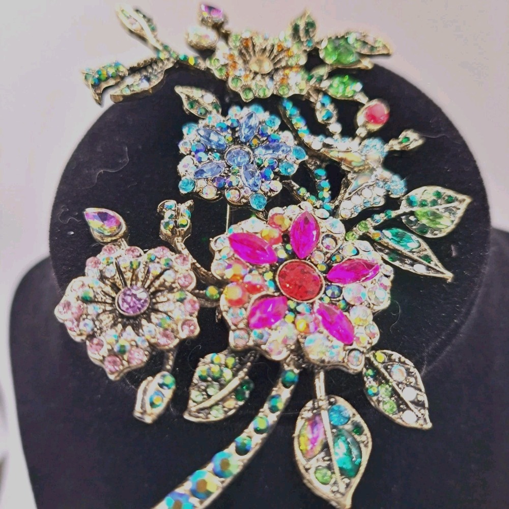 Metal Gallery Floral Colorful Rhinestone Brooch Pin - Picture 2 of 5